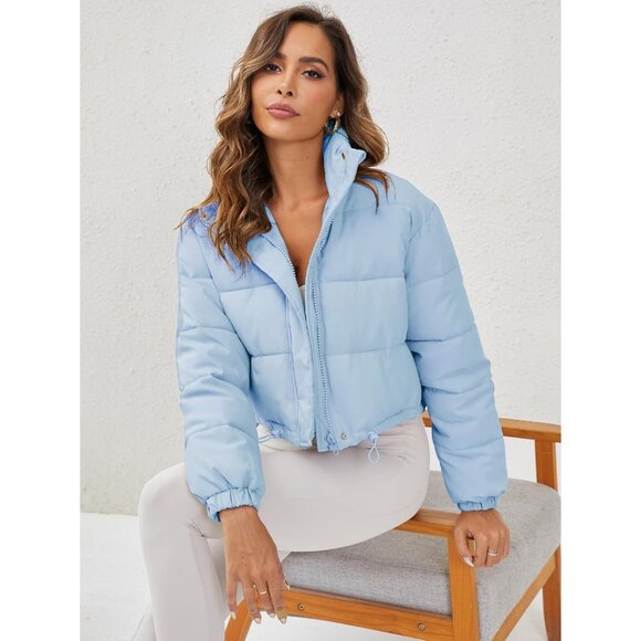 Women's Cropped Puffer Jacket Long Sleeve Puffy Coat Stand Collar Zip UP Blue - Picture 4 of 6